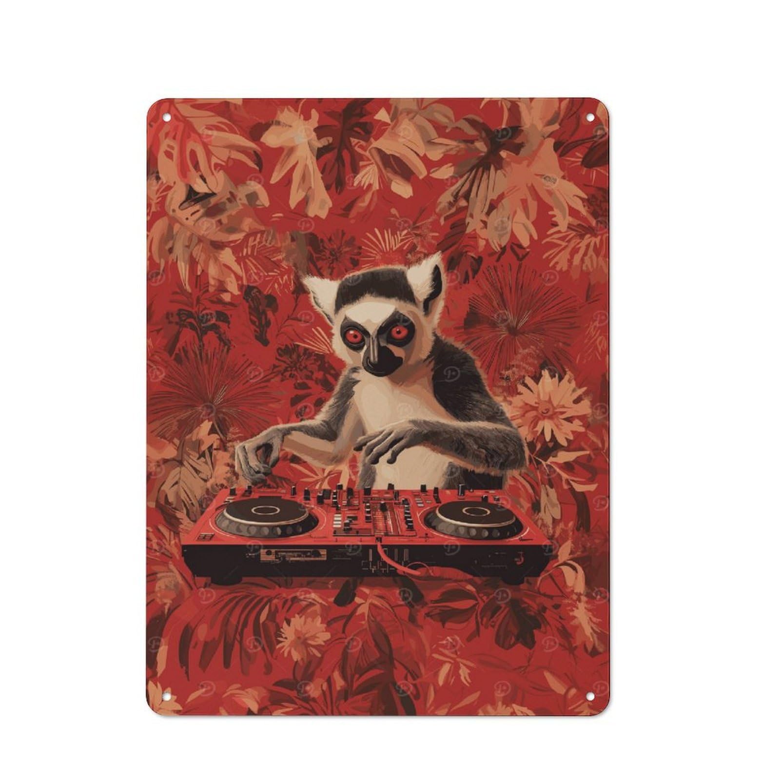 Junmoney Lemur Dj In Jungle Retro Metal Plaque 40X30cm For Lounge Or Reading Corner, Suited To Lounge Decor Fans