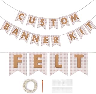 Custom Banner Kit - DIY Burlap Banner with 92 Felt Letters - Personalized for Birthday, Wedding & Party Decorations (beige gingham+beige letter)