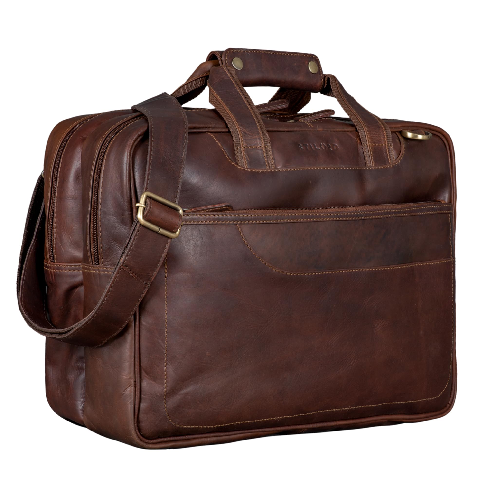 STILORD Astor Sac de Professeur Cuir Serviette Homme Femme Mallette Porte-Documents Grand Sac à Bandoulière Cuir Véritable Couleur:Cognac - Marron foncé