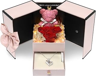 Childom Preserved Valentines Day Rose Gifts for Her,Birthday Gifts for Women,Mothers Day Flowers Gift For Mom Wife,Real Light Up Rose Flowers for Delivery Prime with Necklace for Christmas,Anniversary