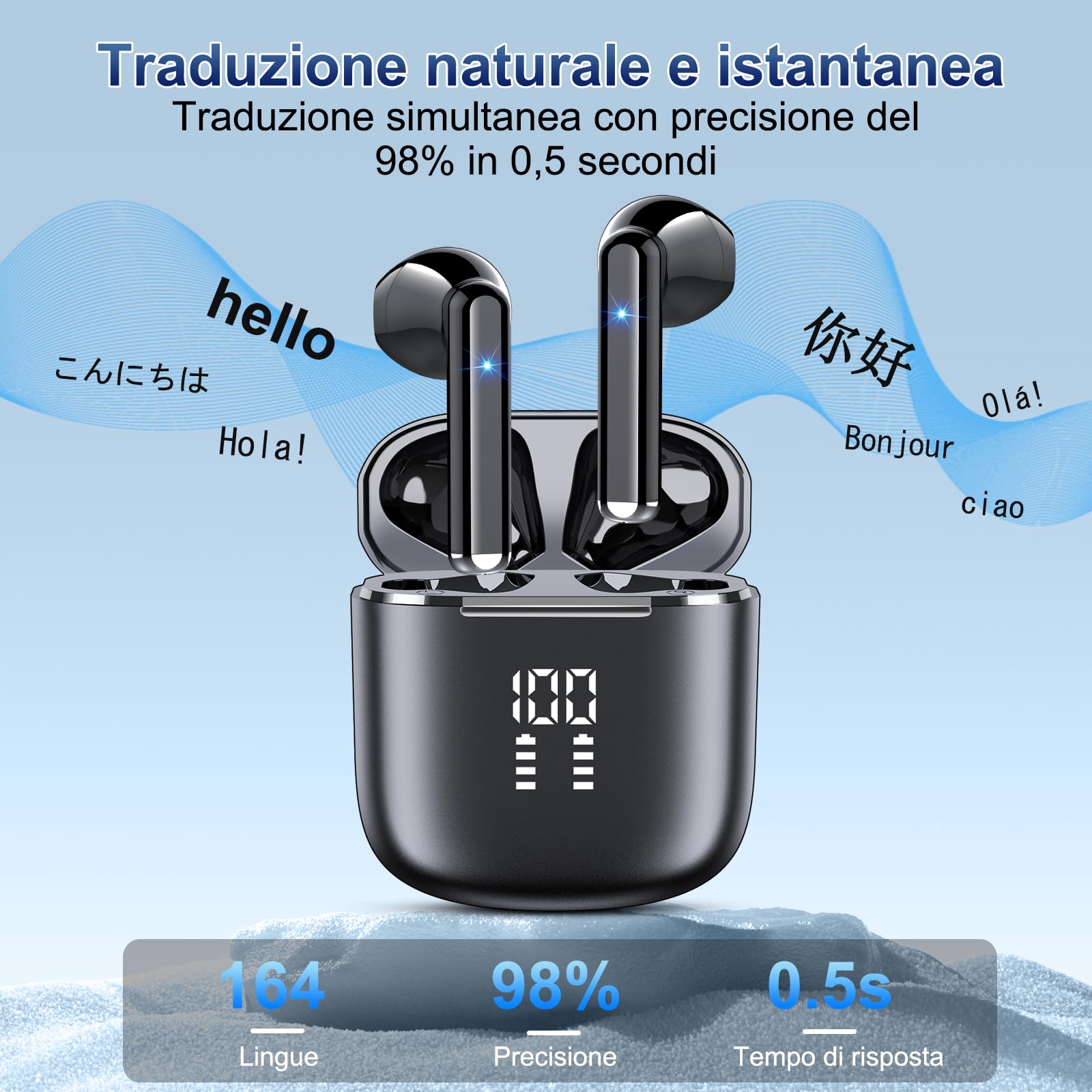 AI Cuffie Traduzione, Bluetooth 5.4 Traduttore Istantaneo Vocale con 164 Lingue, Auricolari di Traduzione con 5 modalità, Codice di Autorizzazione Permanente, Cuffie Bluetooth per Viaggi/Affari