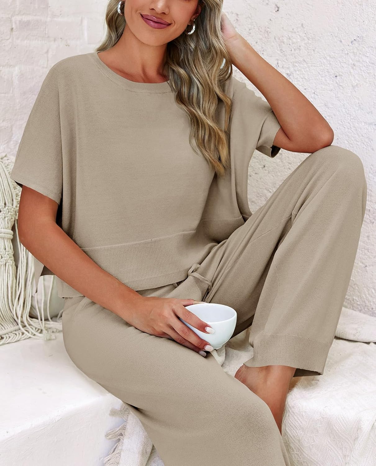 Fisoew Womens 2 Piece Sweater Sets Knit Short Sleeve Crop Tops Drawstring Waisted Pants Lounge Set - Image 4