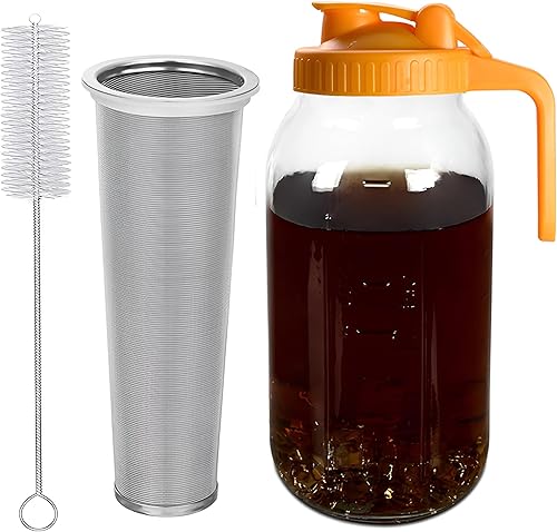 CONNYAM Cafetera fría Incluye 2 cuartos (64 onzas 1.9 litros) jarra de vidrio grueso de boca ancha, con filtro de malla de acero inoxidable y tapa