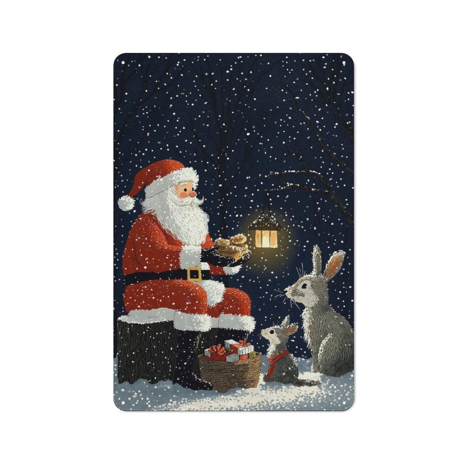 Junmoney Santa Claus With Bunnies Christmas Rustic Tin Sign 30X20cm Featuring For Bar Or Restaurant, A Housewarming Gift For Bar Decor Enthusiasts