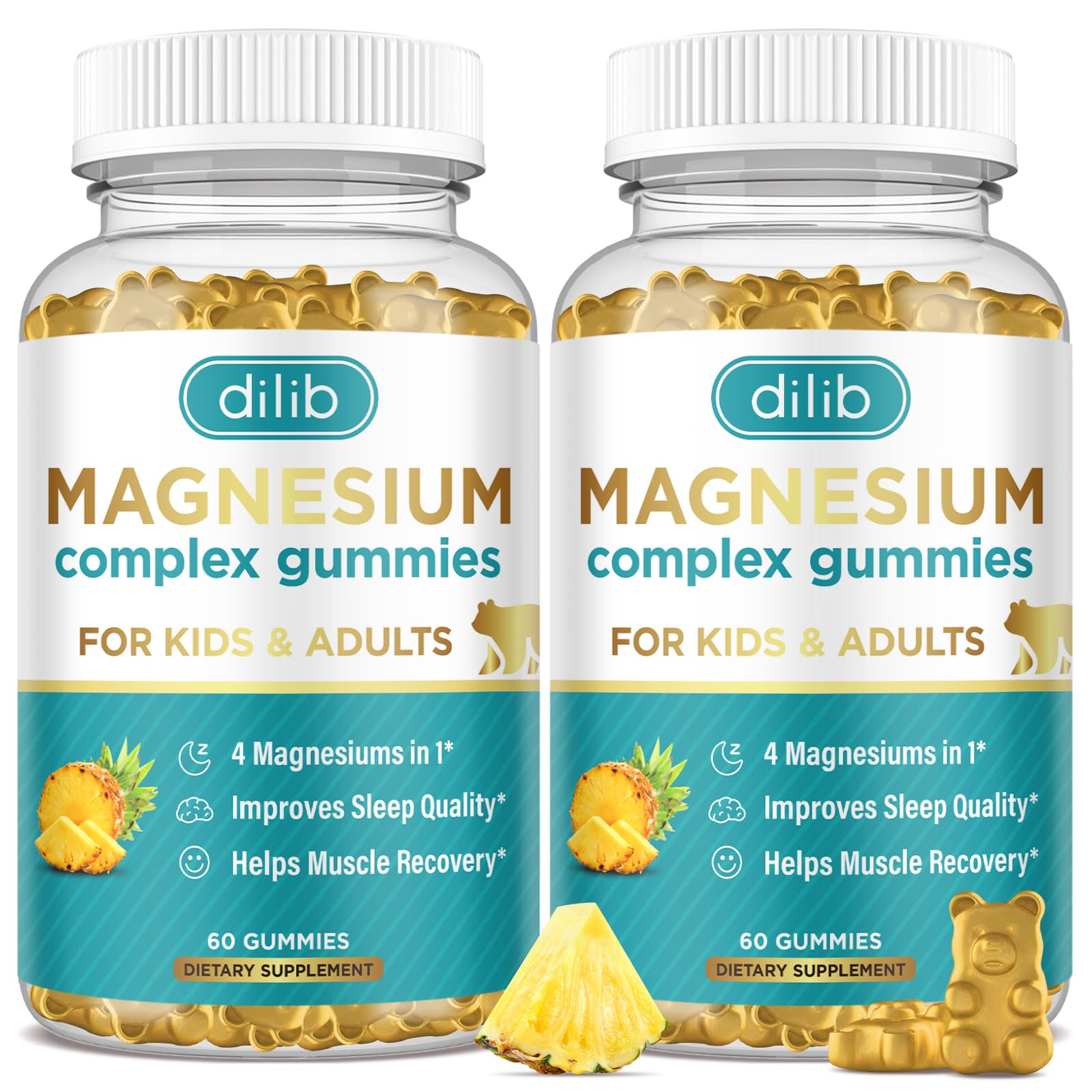 Magnesium Complex Gummies- Calm Chewable Gummies for Kids & Adults- Magnesium Glycinate, Taurate, Citrate, Malate, Supplement-Support Calm Stress Relief, Bone, Muscle, Mood Vegan, 120ct Pineapple 60 Count (Pack of 2)