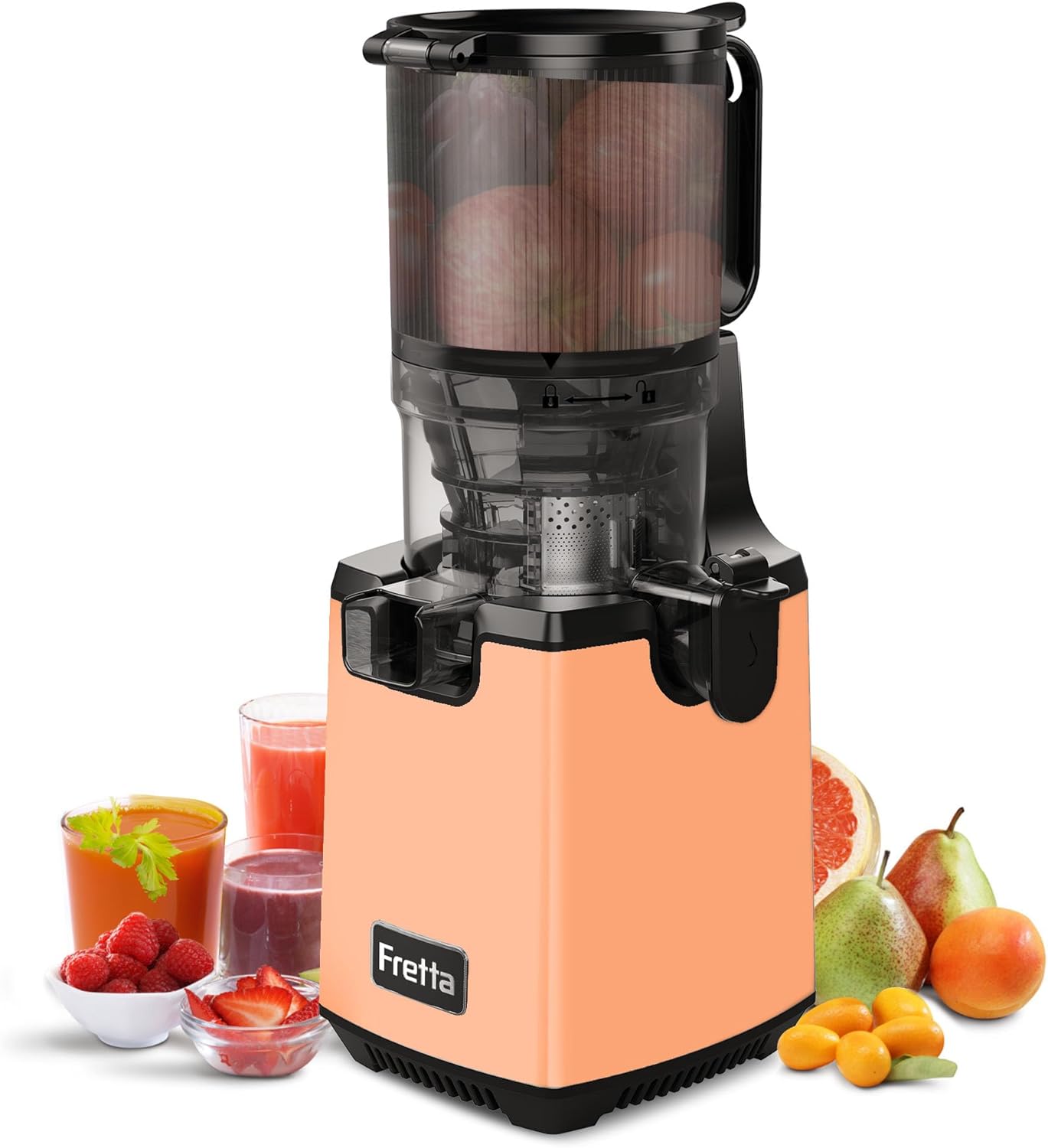 Cold Press Juicer,Fretta Juicer Machines Vegetable and Fruits,Masticating Juicer with 5.3'' Large Feed Chute fit Whole Fruits,BPA-Free, Reverse Function,250W (Grapefruit Pink)