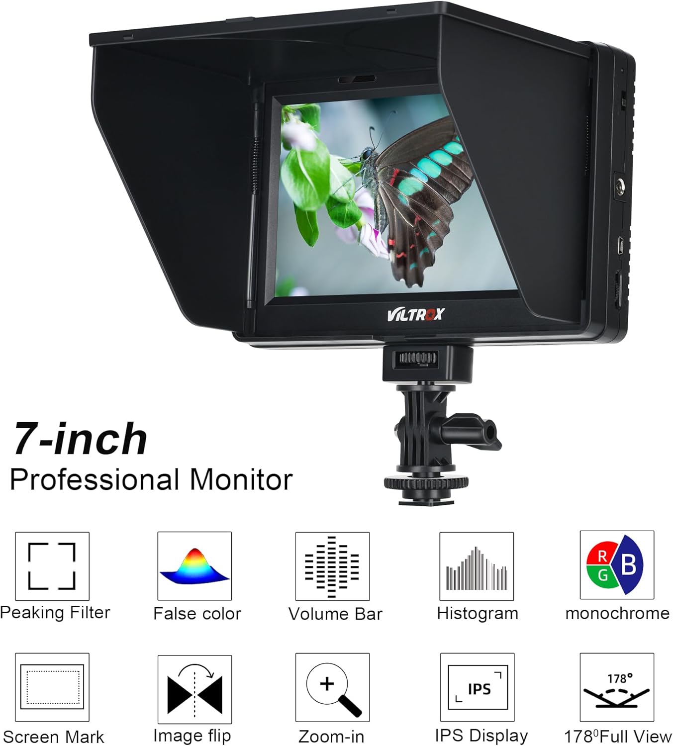 VILTROX DC-70 II monitor displaying various professional monitoring functions.