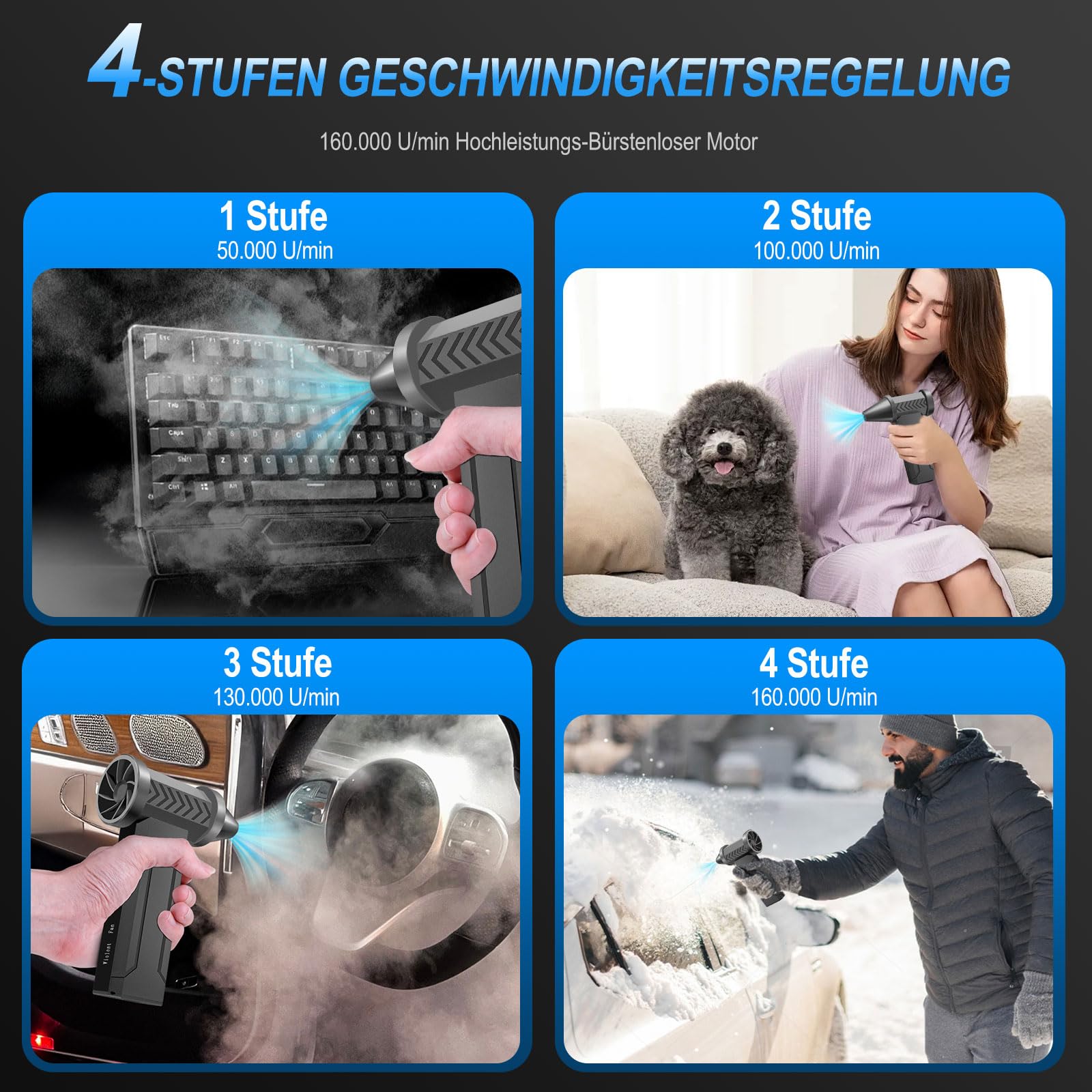 Elektrische Staubgebläse, 4-Gang 160000 U/min, Druckluft Compressed Air Duster mit 10000mAh Akku, Mini Gebläse für PC Reinigungsset, Auto, Sofa