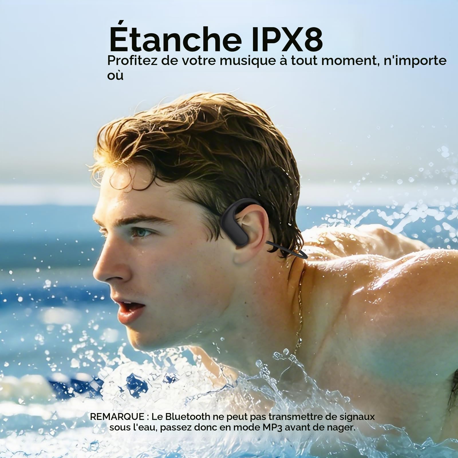 Écouteurs Natation, IPX8 Étanche Casque Conduction Osseuse sans Fil Bluetooth 5.4, in Ear, Ecouteurs Osseux Waterproof avec Lecteur MP3 8 Go pour Natation Surf Fitness
