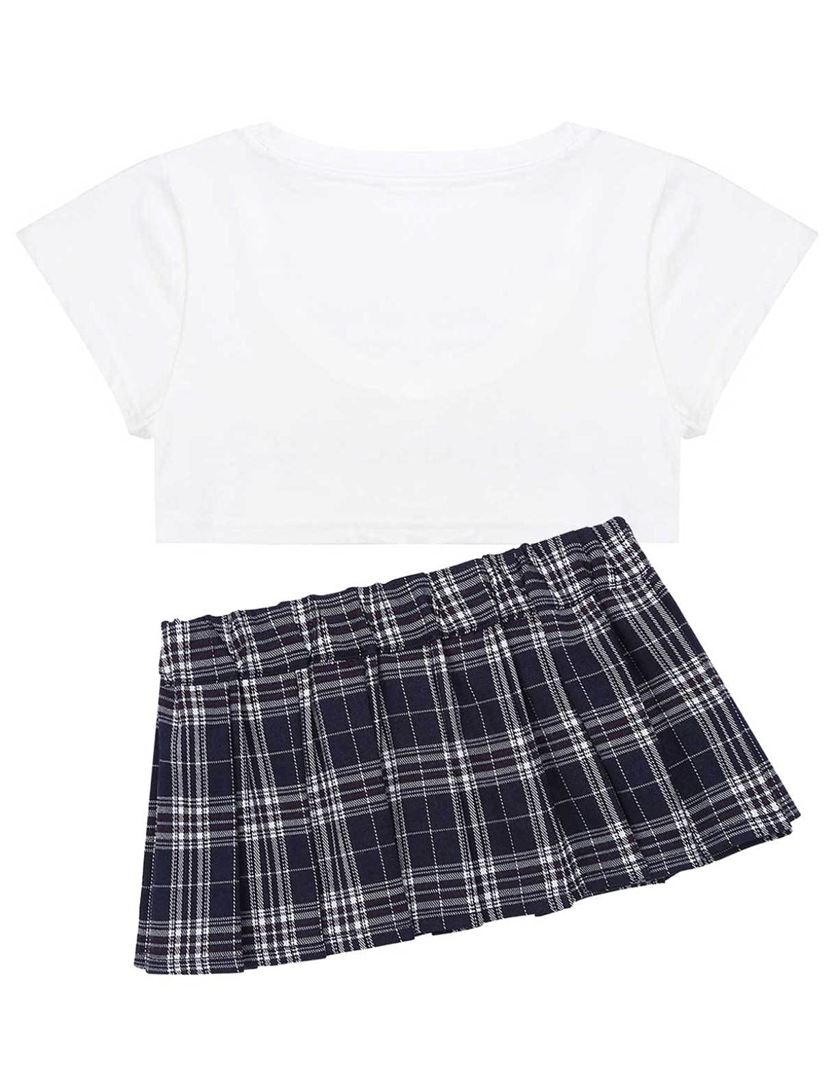 ACSUSS Womens Naughty Schoolgirl Lingerie Set Yes Daddy Letter Printed Tops Mini Plaid Pleated Skirt: White&black