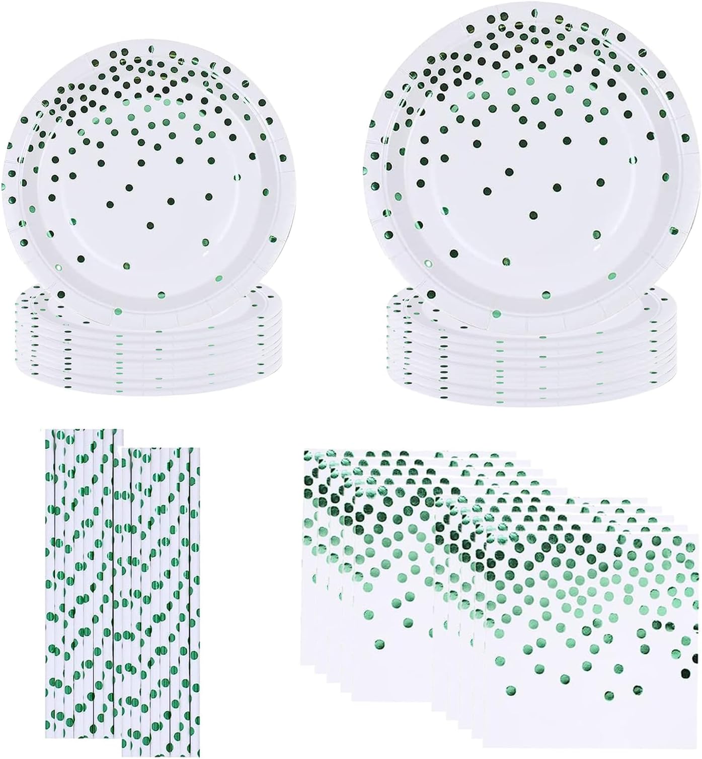 64PCS White and Green Dot Party Tableware Decorations for Birthday,Disposable Party Tableware Set Golden Dot Birthday Paper Plates 7inch,9inch,Paper Straws,Napkins,for Kids,Her,Man,Him Dinnerware
