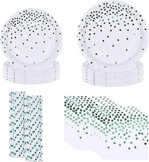 64PCS White and Green Dot Party Tableware Decorations for Birthday,Disposable Party Tableware Set Golden Dot Birthday Paper Plates 7inch,9inch,Paper Straws,Napkins,for Kids,Her,Man,Him Dinnerware