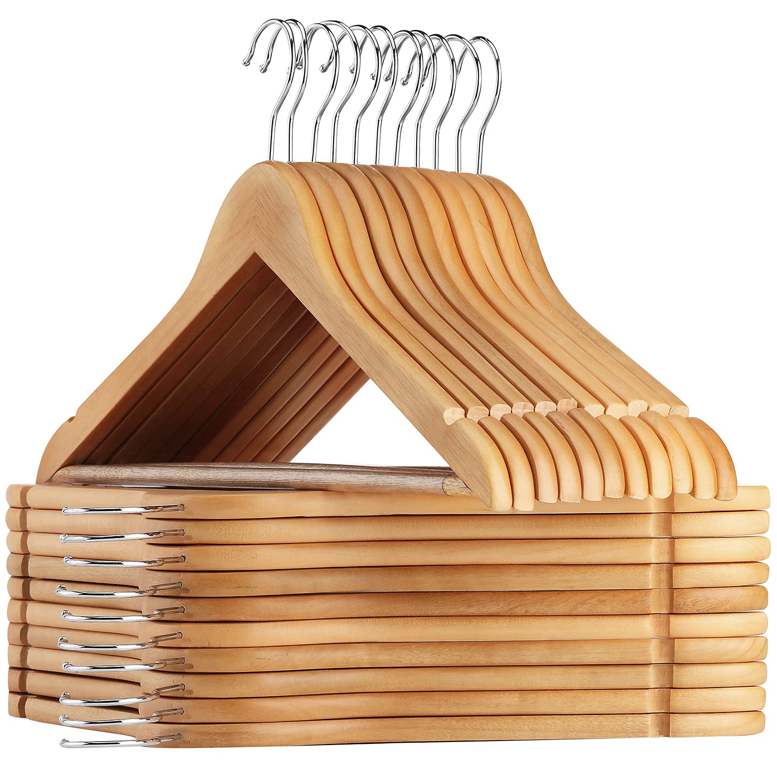 AMKUFO Wooden Hangers 20 Pack Wood Suit Hangers Non Slip Wooden Coat Hangers with Smooth Fnish Cut Notches 360° Swivel Hook Clothes Hangers for Jeans Pants Jackets Shirts Dresses, Natural