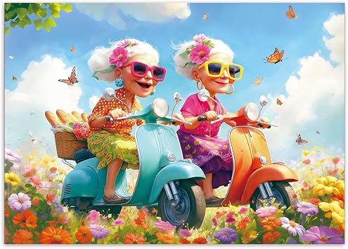 1000 Piece Puzzle for Adults, Ladies on Scooters Flower Field Jigsaw Puzzle, 27.6 x 19.7in 1000 Pieces Jigsaw Puzzles for Adults, Gift for Friends Grandma, Wall Art Home Decor