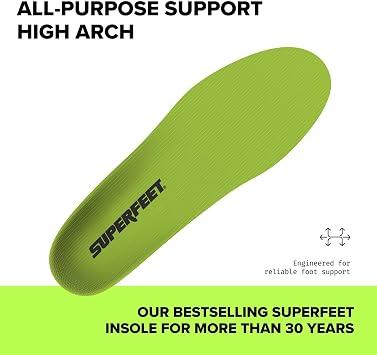 Superfeet All-Purpose Support High Arch Insoles (Green) for Active Lifestyle with High Arch Support - Men 2.5-5 / Women 4.5-6