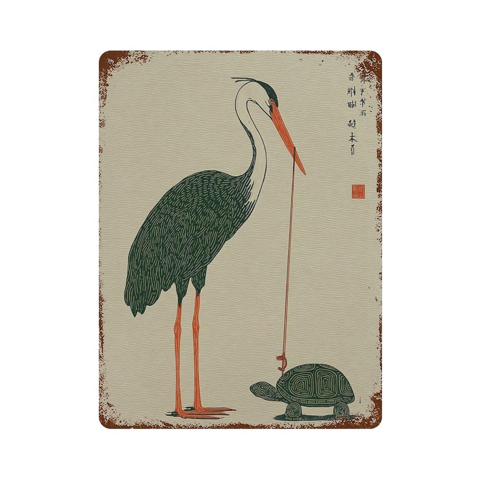 xiaoxiaoshen Crane And Turtle Japanese Symbolism Minimal Nature Wall Decor Art Metal Tin Poster Modern Home Decor Art Home Bar Shop Decorations Vintage Sign 40x30cm