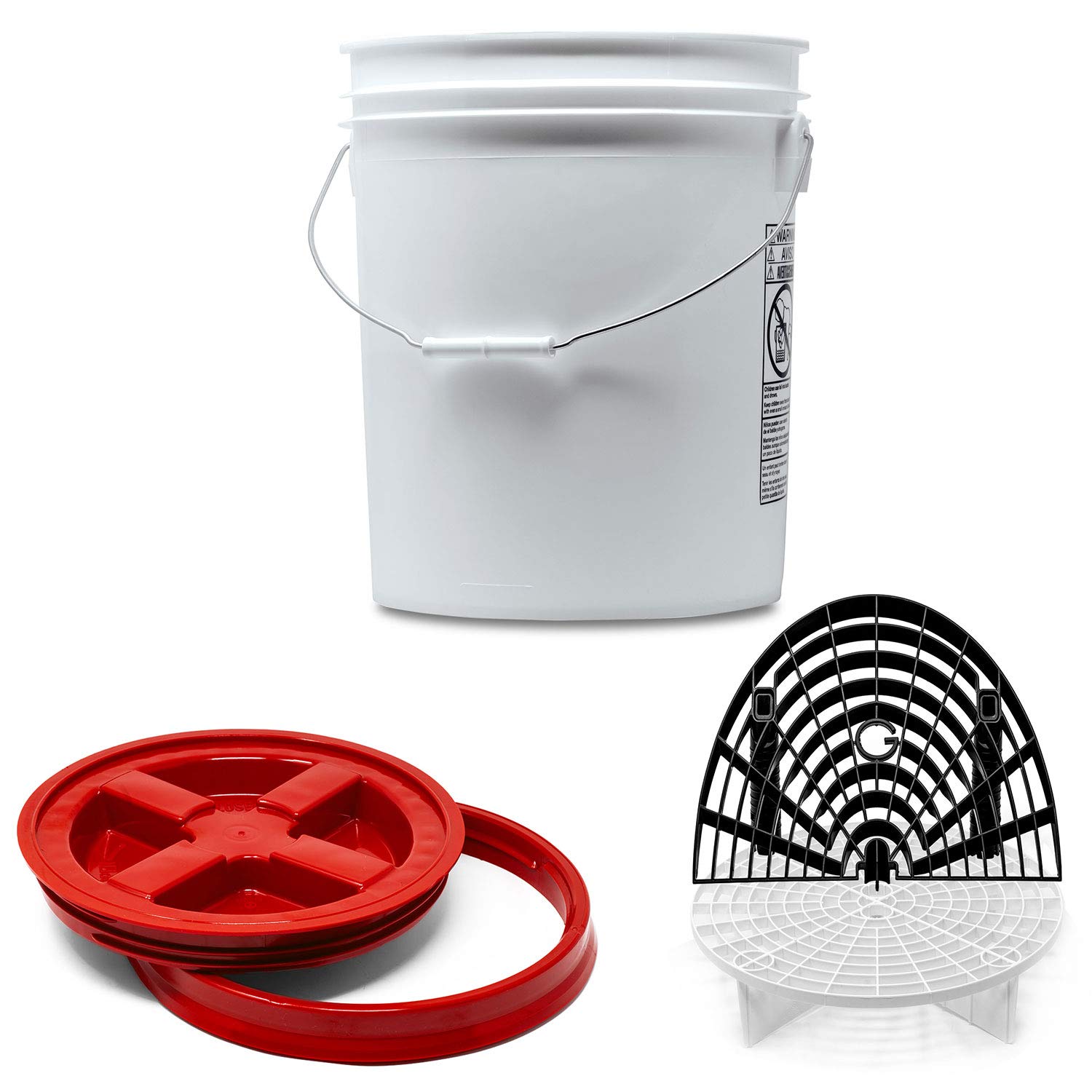 Detailmate professionelles Wasch Eimer Set: Magic Bucket Wascheimer 5 GAL (ca. 20 Liter), Gamma Seal Eimerdeckel rot, GritGuard Schmutz Einsatz weiß, GritGuard Washboard schwarz