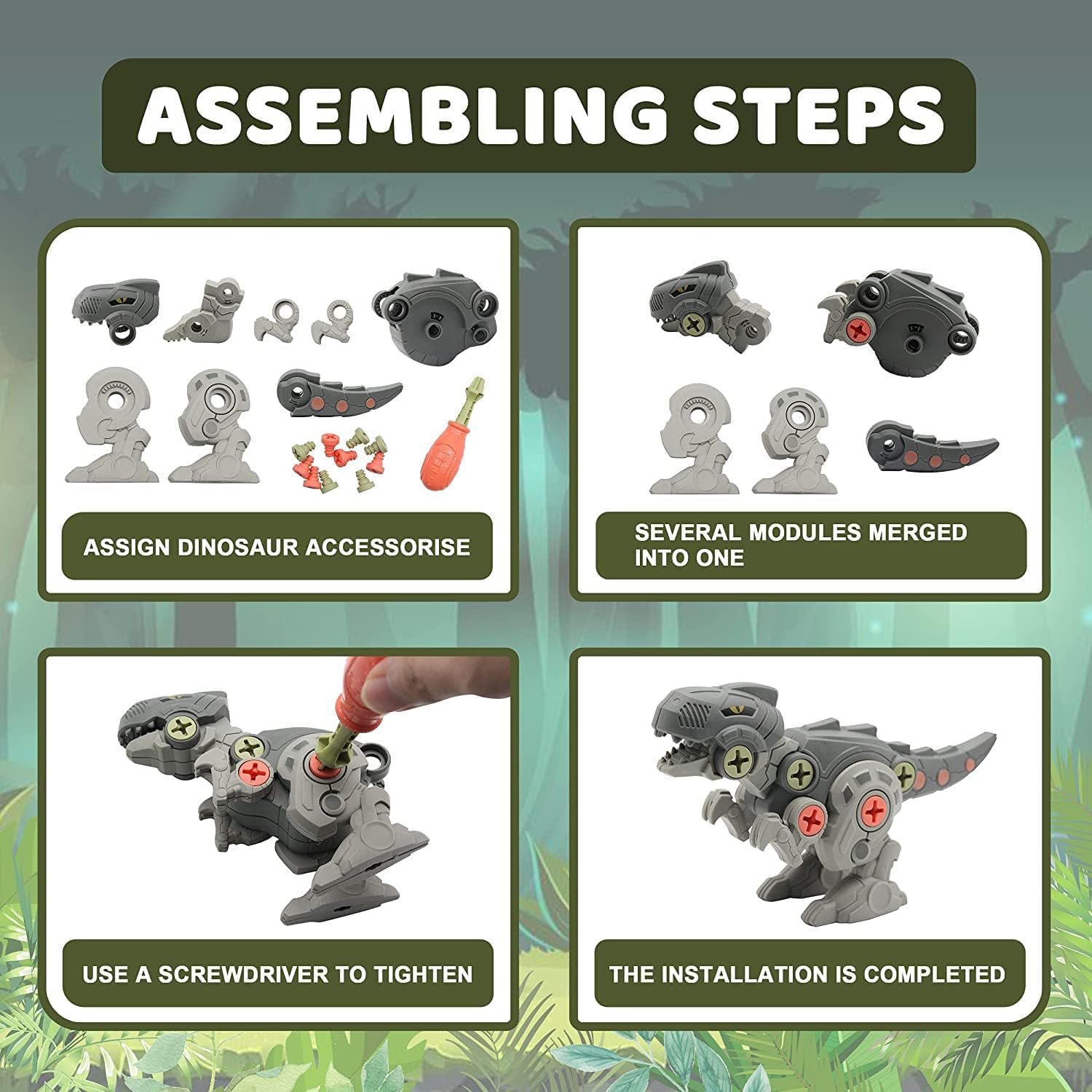SKUVIZ Branded Take Apart Dinosaur Toys, Pack of 4 Dinosaurs with Screwdrivers, Dino Kids Building Learning Toys, STEM Toy for Boys and Girls, 3 4 5 6 7 8 Year (New 3 Dinosaurs with 2 Screw Driver) 1