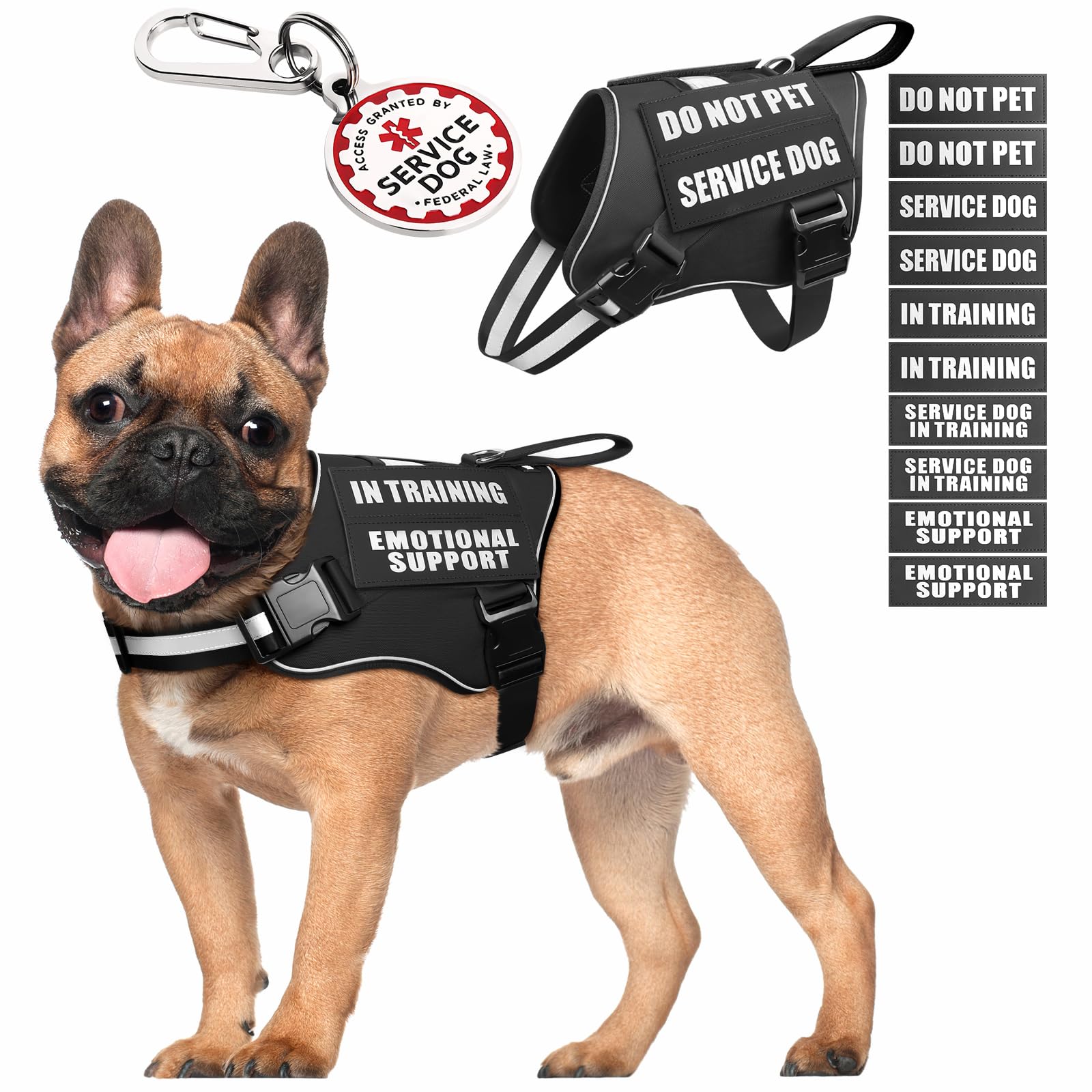 MOOGROU Service Dog Vest Harness+ID Tag+10 Patches,Durable Metal Serivce Dog Tag&Reflective Emotional Support Dog Vest with Handle for Small Dogs,Easy Put On/Off for Training/Walking/Everyday Black S
