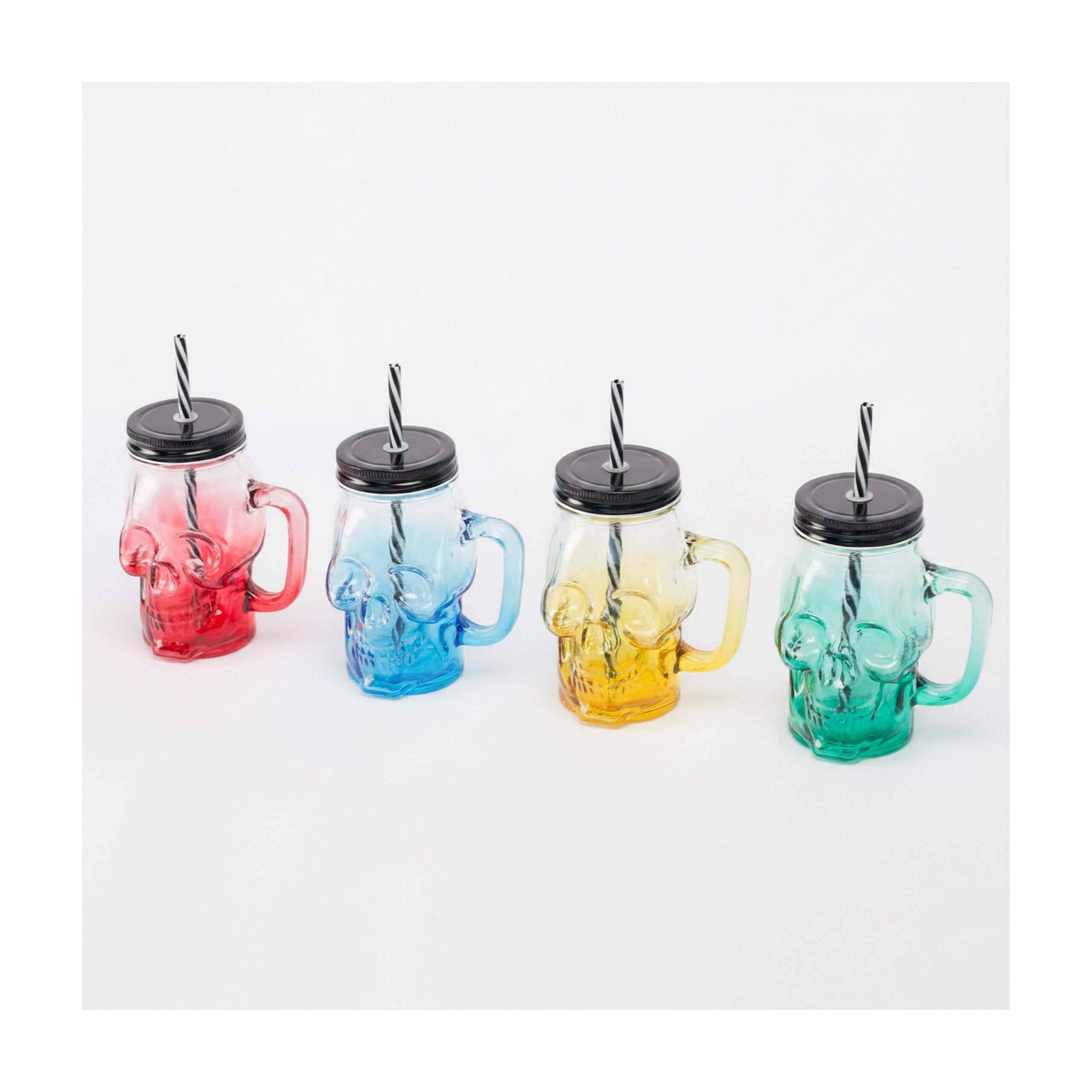 Relaxdays Bicchieri con Coperchio, Cannuccia e Manico, 4 Pezzi, 500 ml, Teschio, Tappo a Vite, Vetro Multicolore