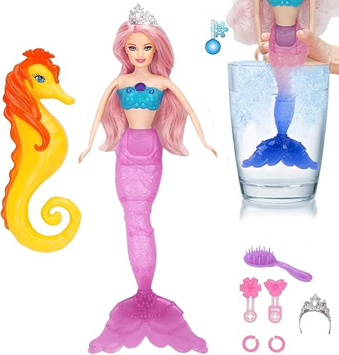 Reversing Squins - Juego de muñeca de princesa sirena, cola de sirena que cambia de color de temperatura, muñeca de vestir de pelo rosa de 12