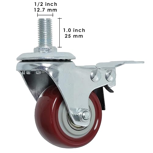 Miniatura 3 de Finnhomy Ruedas giratorias de 2 pulgadas, ruedas de vástago roscado resistentes de 12"-13" x 1" con freno, juego de 4 ruedas de poliuretano de alta