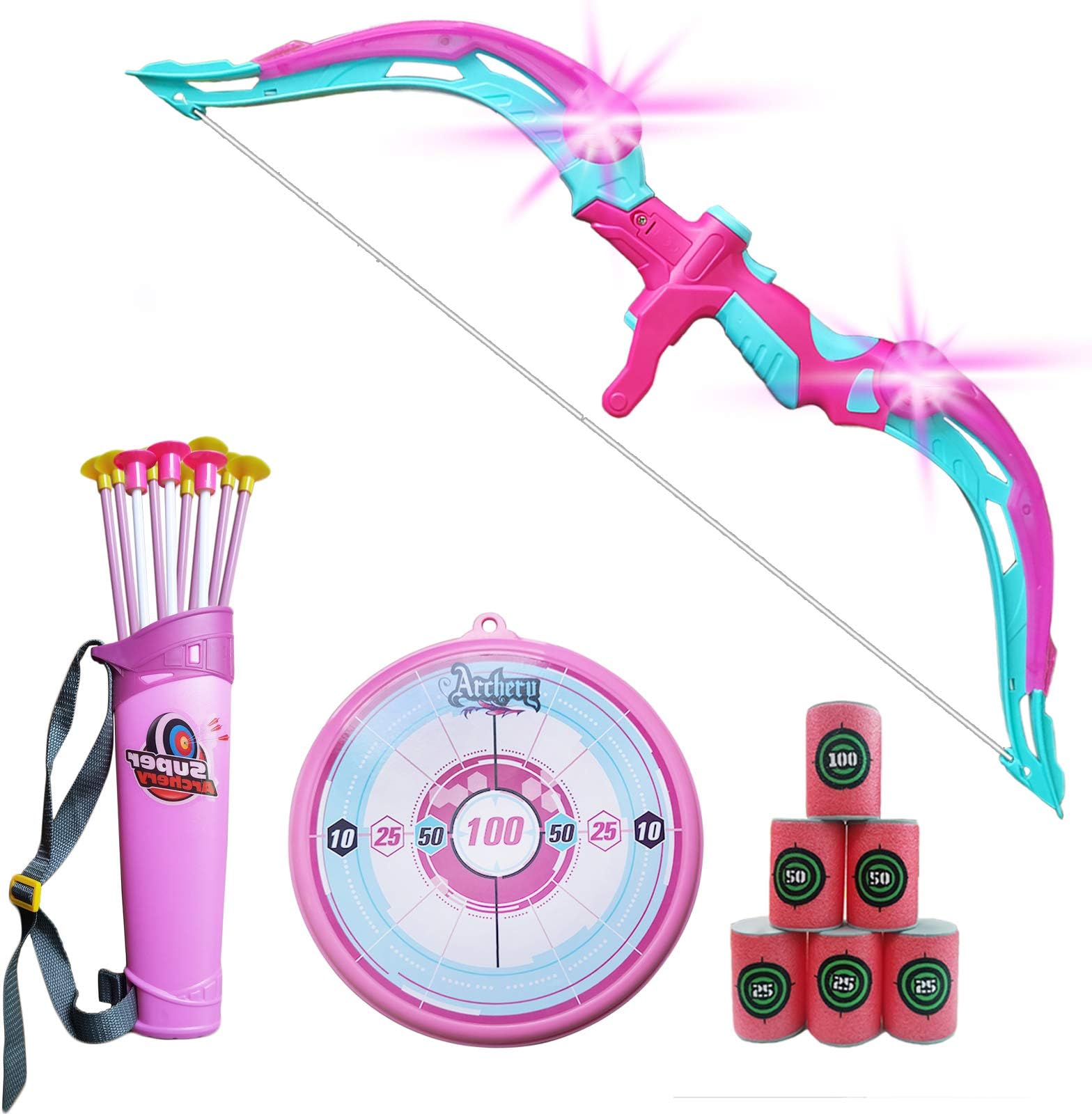 Bow and Arrow for Kids with LED Flash Lights - Archery Bow with 10 Suction Cups Arrows, 6 Foam Targets, Quiver and Target, Gifts for 4-12 Year Old Girls, Pink