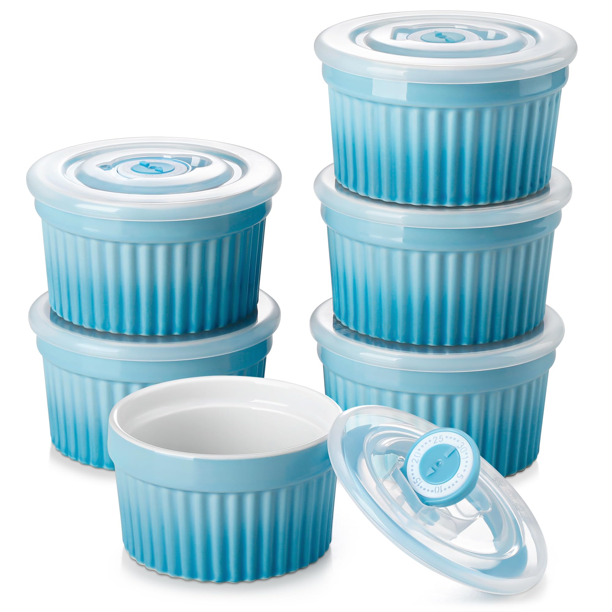 vancasso 8 oz Ramekins with Lids, Souffle Dishes Set of 6, 10.1cm Porcelain Creme Brulee Ramekins, Baking Cups for Pudding, Fruits, Dips, Dishwasher and Oven Safe, Blue