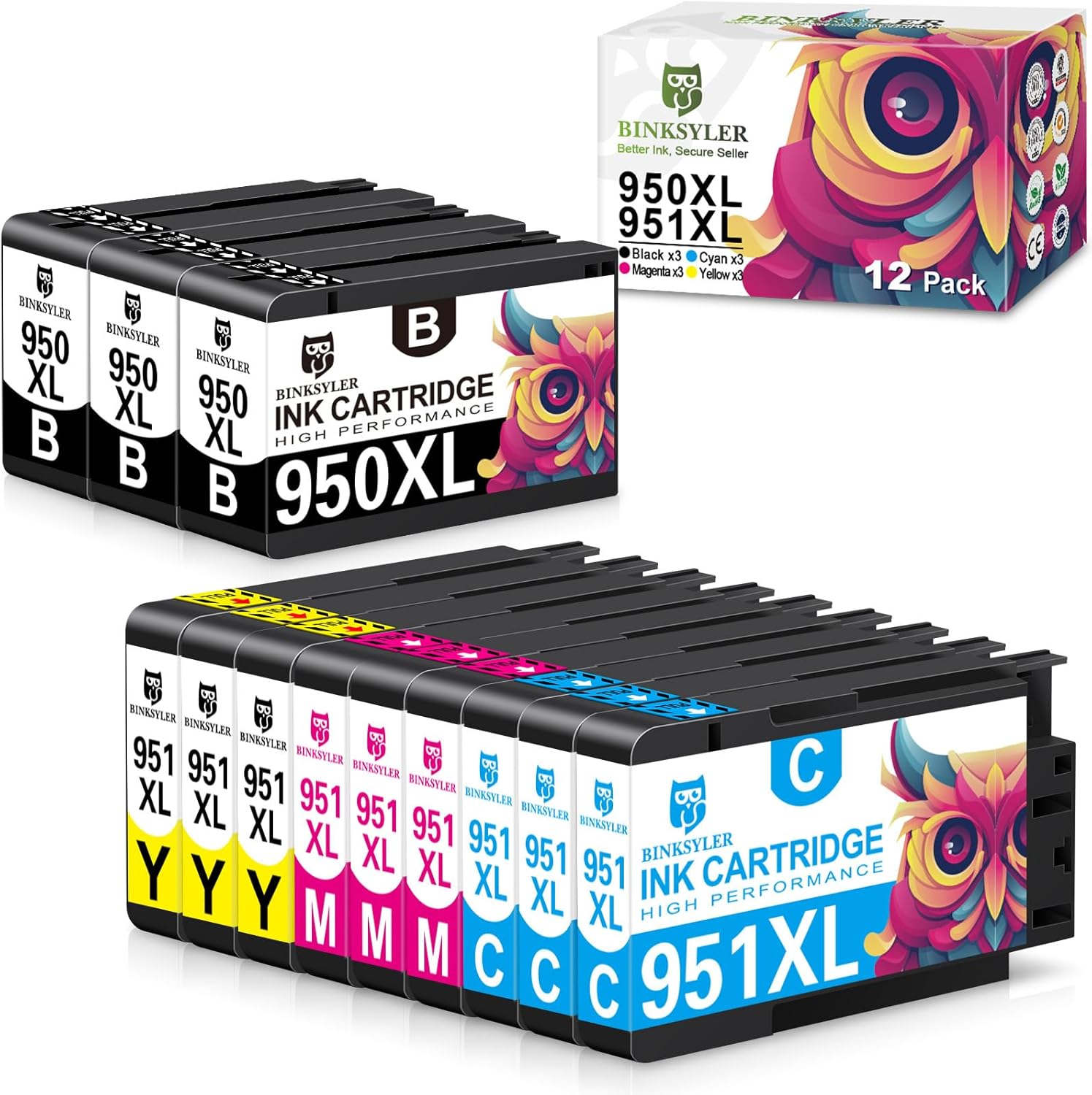 12-Pack 950XL and 951XL Ink Cartridges Compatible for HP 950 951 Ink Cartridge Combo Pack Work for Officejet Pro 8600 8610 8620 8625 8100 Printer (3BK/3C/3M/3Y)