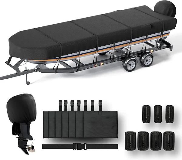 NOOKAT Jon Boat Cover 18ft with Motor Cover, 1200D Heavy Duty Marine Grade Polyester Fabric, Waterproof UV Resistant Mooring Boat Cover with Mooring Sand Bag, Black