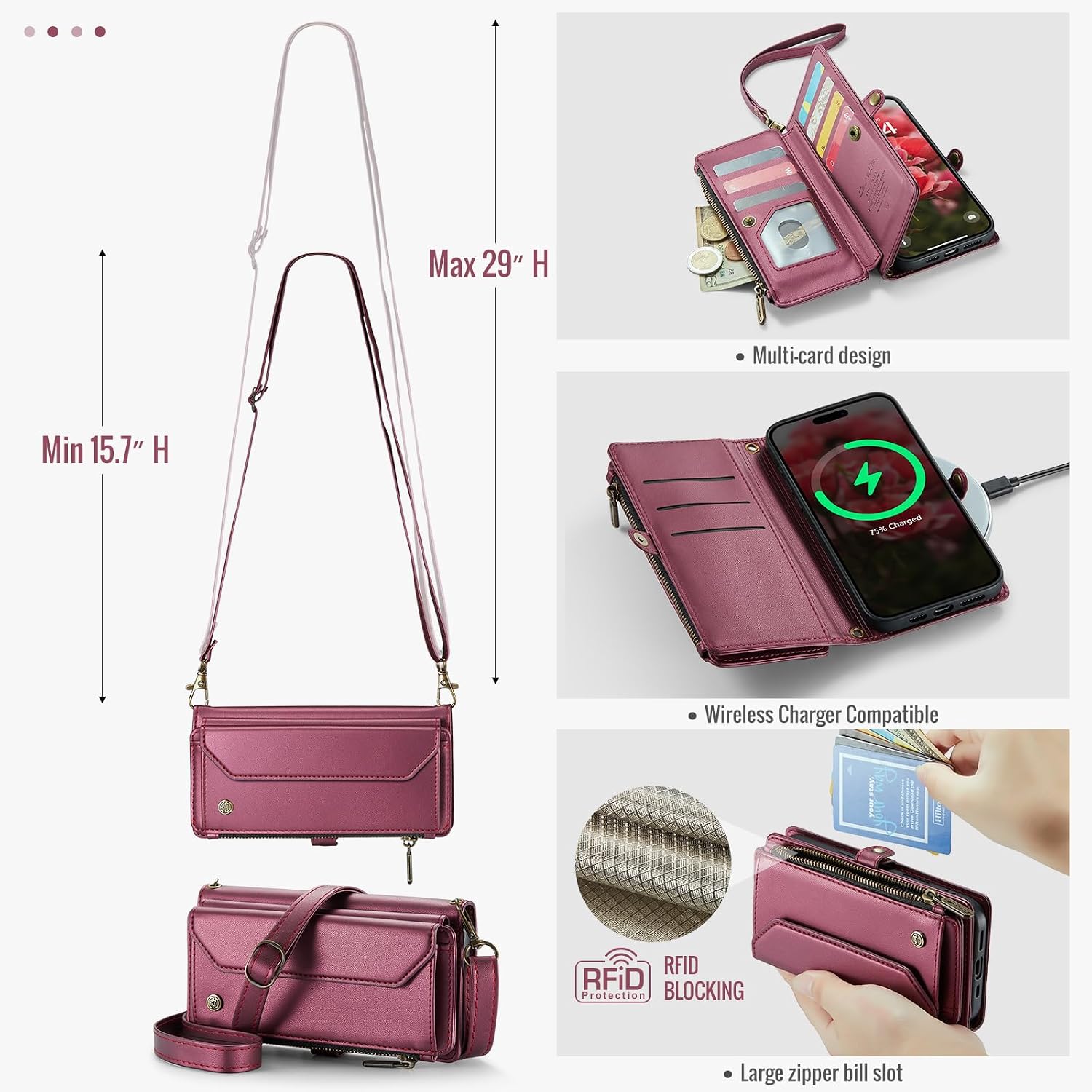 for iPhone Air Case, Women Men Multi-Function Wallet Case with Stand RFID Blocking Featuring Magnetic Closure Zipper Includes Shoulder Strap Wrist Strap (Red)