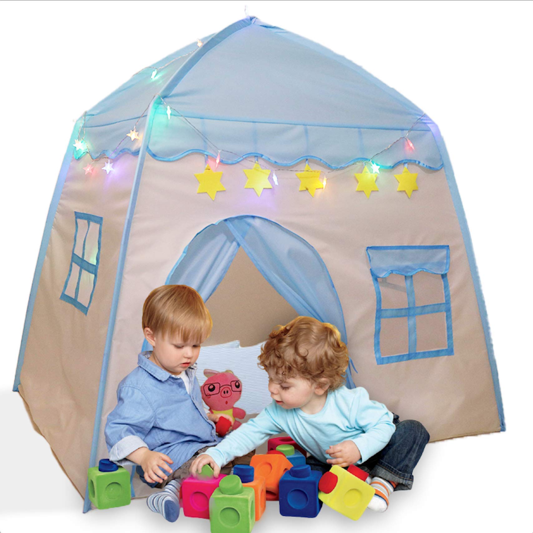 LimitlessFunN Oxford Cloth Kids Play Tent with Star Lights & Carrying Case for Boys & Girls, Indoor & Outdoor, 51"x40" (Blue)