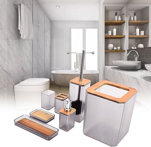 Miniatura 7 de Fydun Bamboo Bathroom Accessories Set 7 Pieces Soap Dish Tooth Tray Set for Home Hotel Black Wide Range of Uses (Grey)
