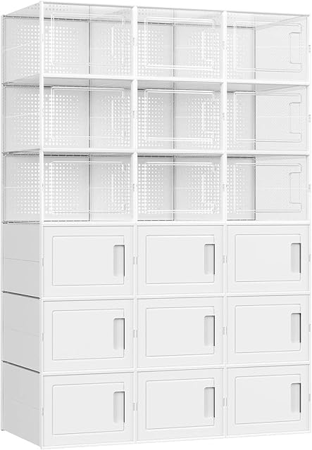 SONGMICS Shoe Boxes, Set of 18 Plastic Shoe Storage Organisers, Stackable and Foldable for Trainers, Fit up to UK Size 9, 9 Transparent Bins and 9 White Bins LSP009W01