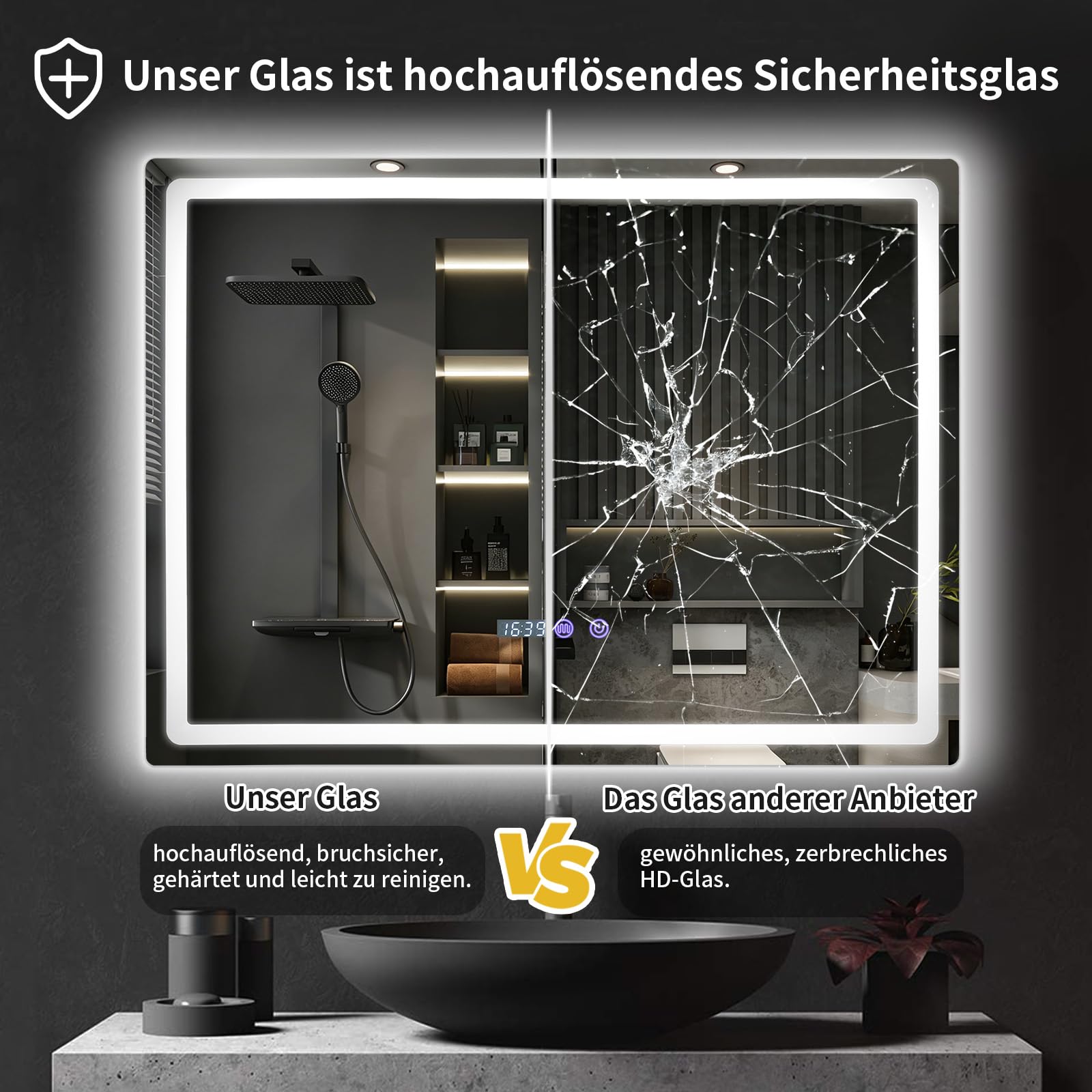 Treeboy Badspiegel mit Beleuchtung 70x50cm - LED Badezimmerspiegel mit Uhr, Temperatur & Feuchtigkeitsanzeige - Gehärteter mit Beschlagfrei, Touch-Schalter, 3 Lichtfarben Dimmbar, IP44 Wandspiegel