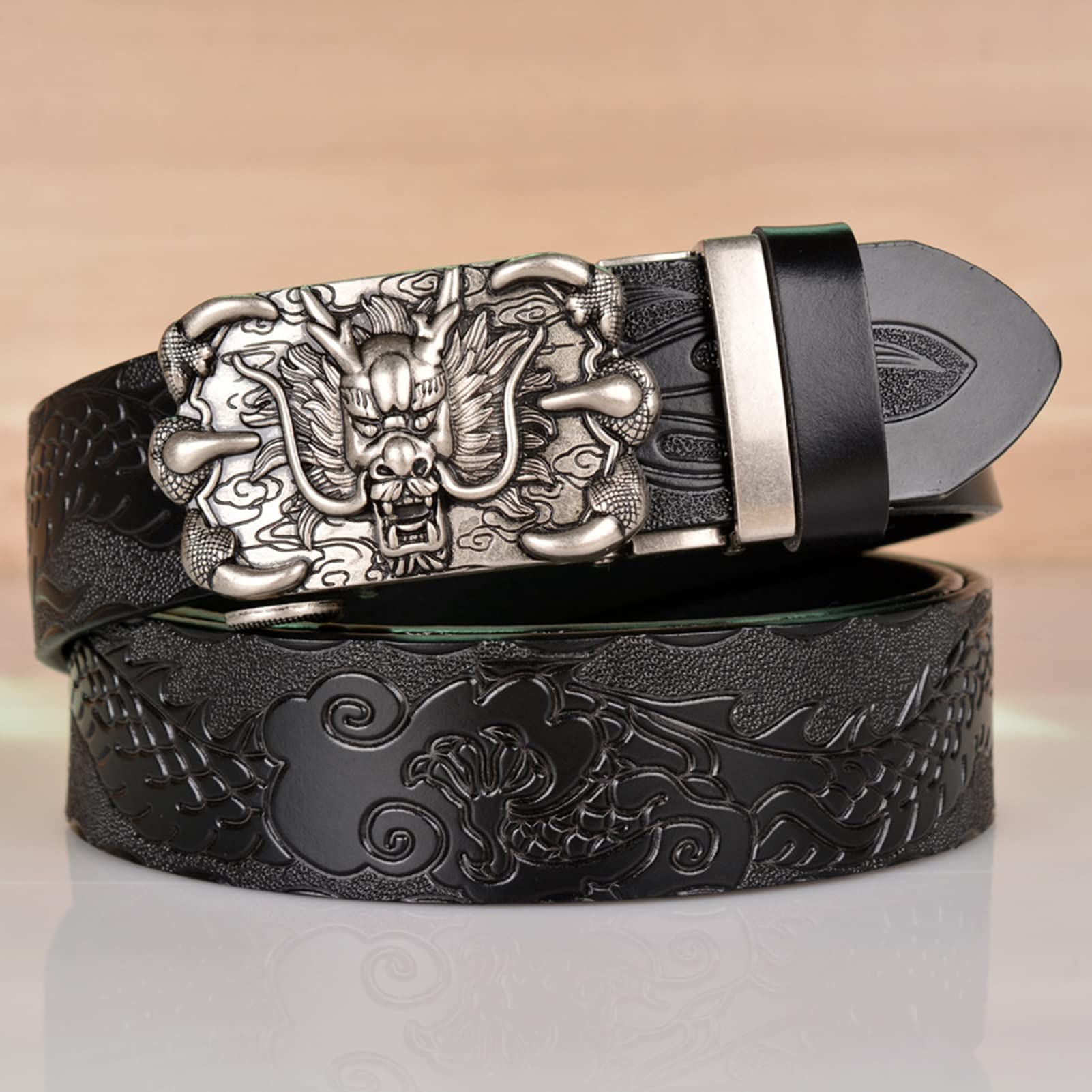pasek, Męski skórzany automatyczny pasek zapadkowy ze srebrną klamrą w kształcie pazura smoka, klasyczny design do pracy, biznesu i na co dzień(Black,110cm/waist:36"~38")