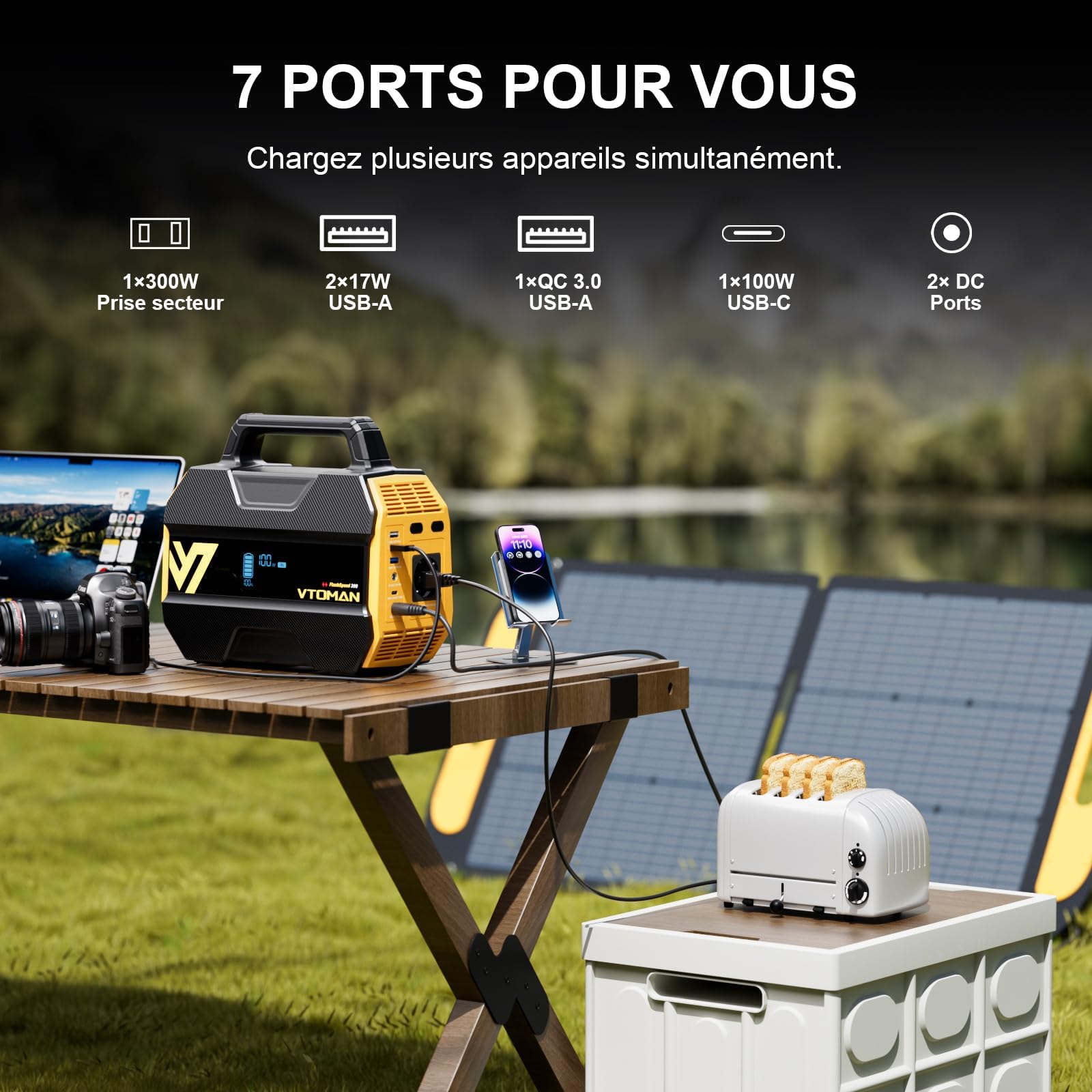 VTOMAN FlashSpeed 300 Station Électrique Portable, LiFePO4 230Wh, 3,18 kg | 300W (Pico 600W) Charge Rapide, Générateur Solaire, Sorties 100W USB-C/230V AC pour Camping, Domestique, Pêche