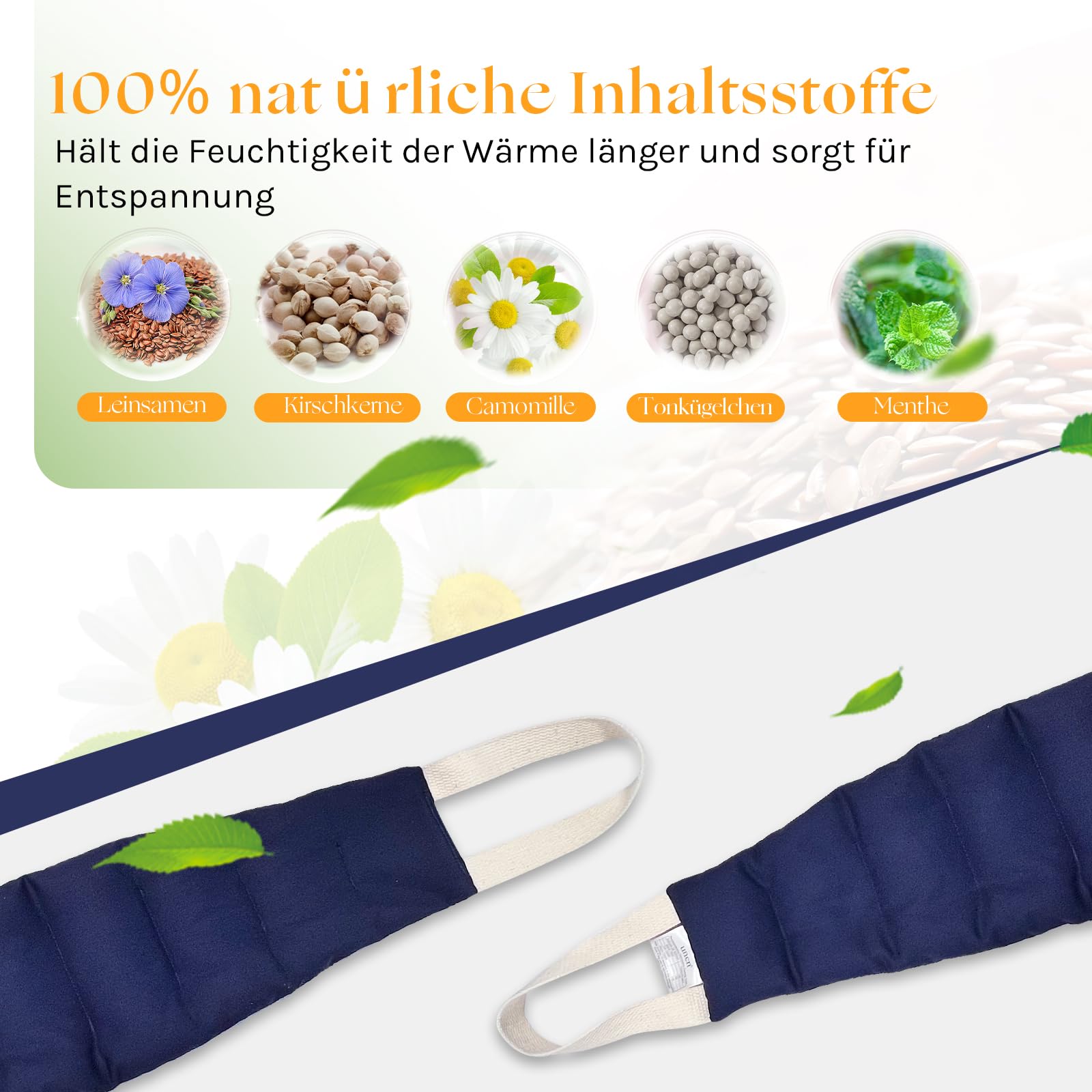 uncn Kirschkernkissen mit zwei Henkeln, 13 * 85cm Körnerkissen Mikrowelle für Nacken, Baumwollstoff, Wärmekissen Mikrowelle Dunkelblau