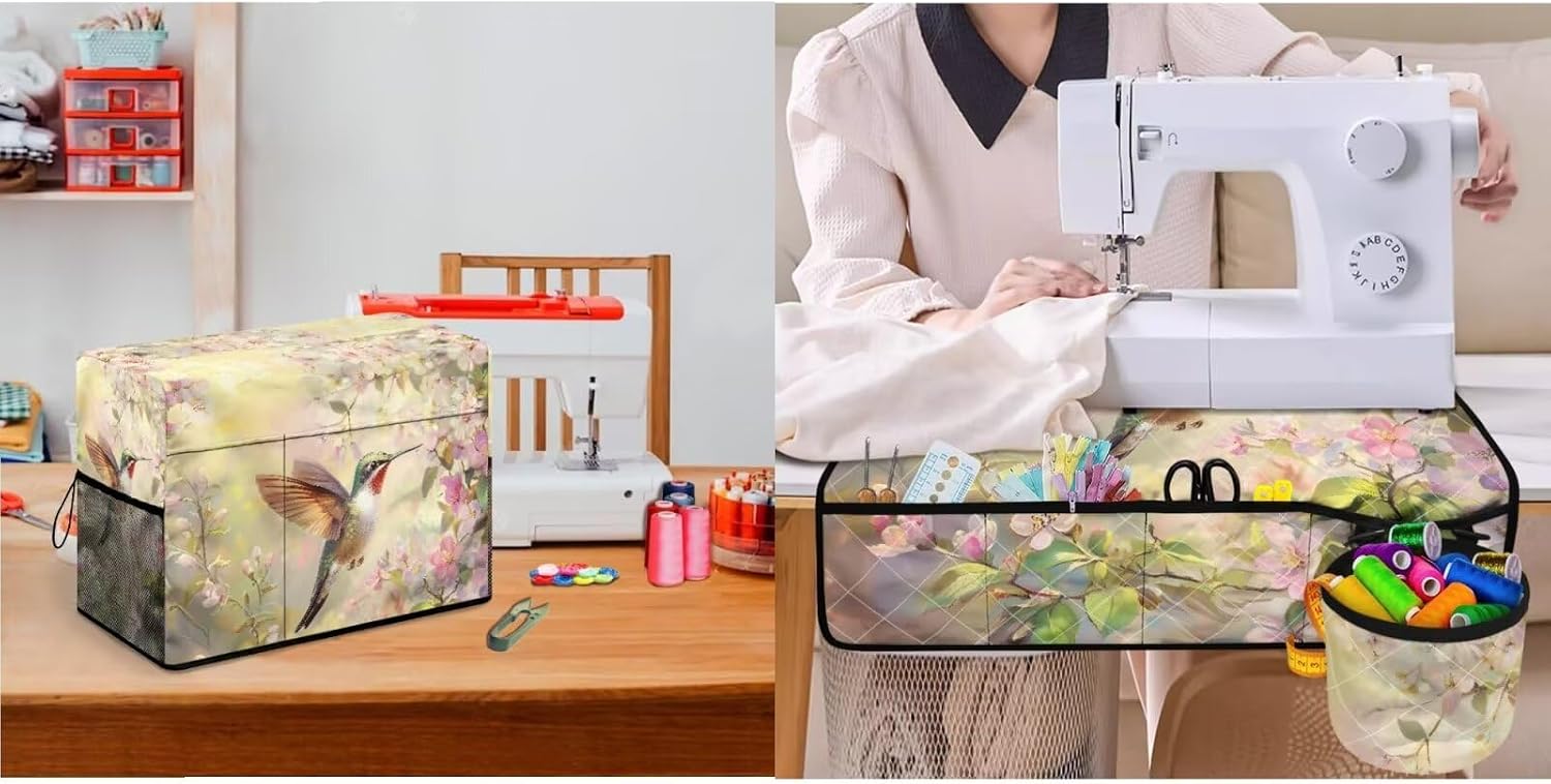 Sewing Machine Mat & Dust Cover, Set Of 2 Non Slip Sewing Machine Mats Compatible with Most Standard Sewing Machines & Supplies Kits Hummingbird Print