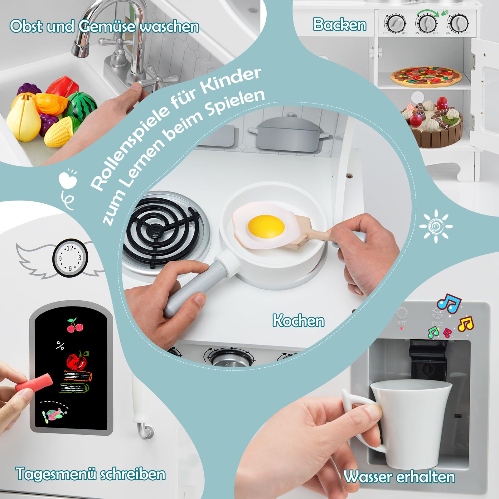 DREAMADE Kinderküche aus Holz mit Spielzubehör, Kinderspielküche mit Kühlschrank Spüle Herd Backofen, Holzküche Spielzeugküche, Spielküche mit Licht und Sound für Kinder ab 3 Jahren, Weiß
