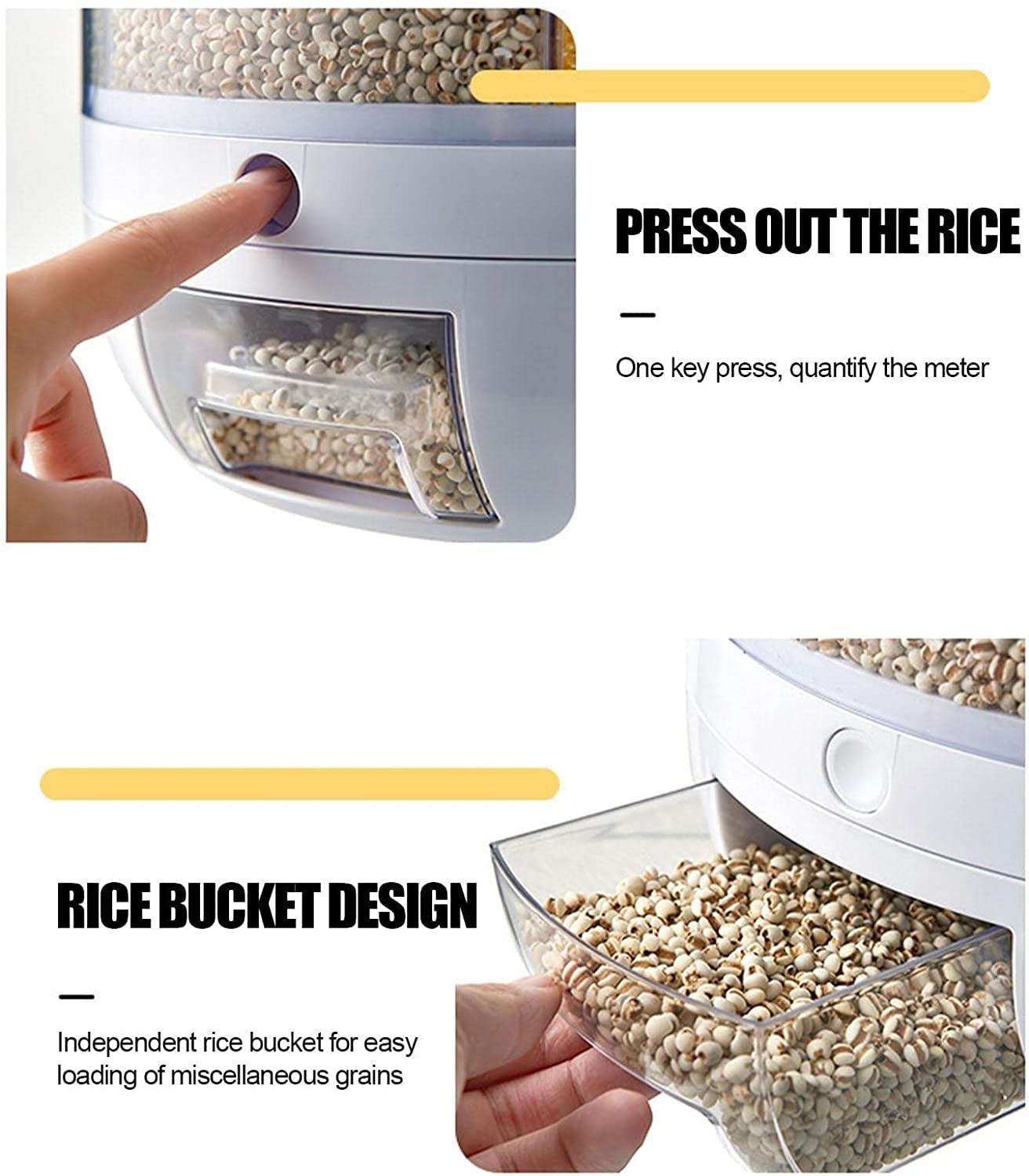 Contenitori per Alimenti Ermetici Distributore di cereali 6 scomparti - Girare Impilabile Sigillabile Piccolo Contenitore per la conservazione del grano, 10 kg Cibi Secchi/ Mais/ Fagioli/ Noci, Piano