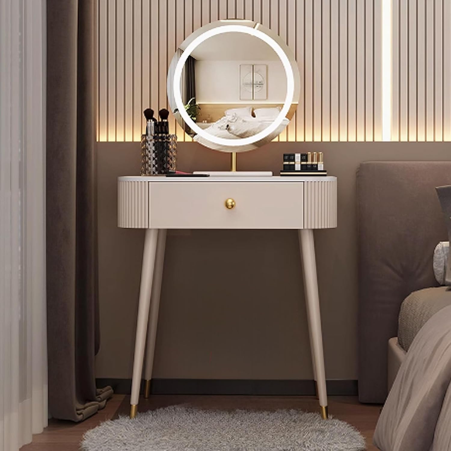 Makeup Vanity Desk, White Vanity with Mirror, Vanity with Lights and Drawers, Vanity Table with Mirror Solid Wood + Slate for Bedroom, Makeup Room(Without Stool,60x40x77cm)