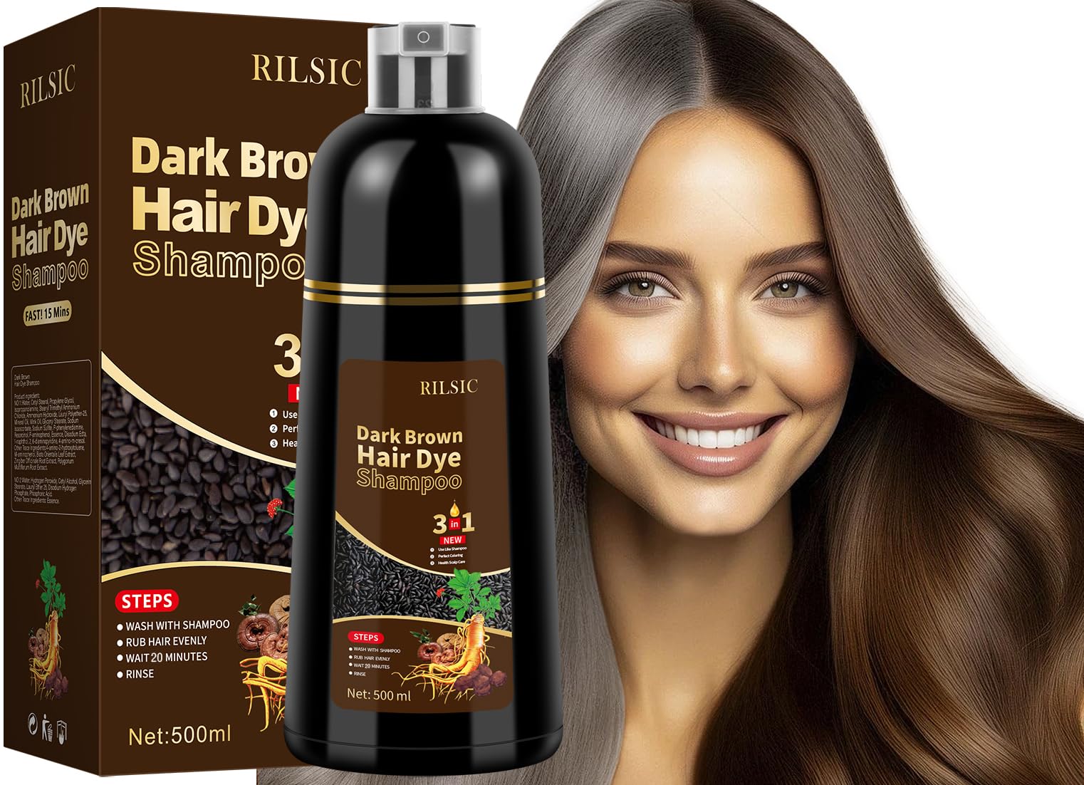 Haarfärbeshampoo Braun 3-in-1 Farbshampoo – Sofort Färbe Shampoo für Männer & Frauen, Brown Hair Dye Shampoo Graue Haare (500ml)