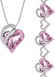 Leafael Infinity Love Heart Necklace and Bracelet for Women, October Birthstone Crystal Jewelry, Silver Tone Bundle Gifts for Women, Rose Quartz Pink