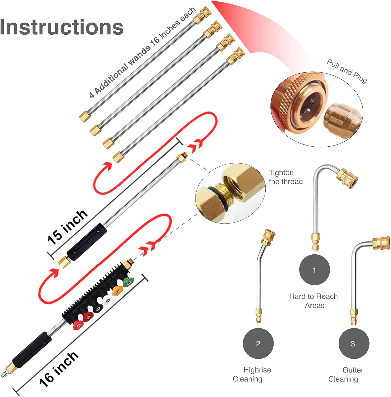 Dearworth Power Washer Accessories - Pressure Washer Attachment Set - Pressure Washer Extensions with 6 Spray Nozzle Tips - 4000PSI - Power Washer Lance - Extra Non-Slip Handle - Storage Bag Included : Patio, Lawn & Garden