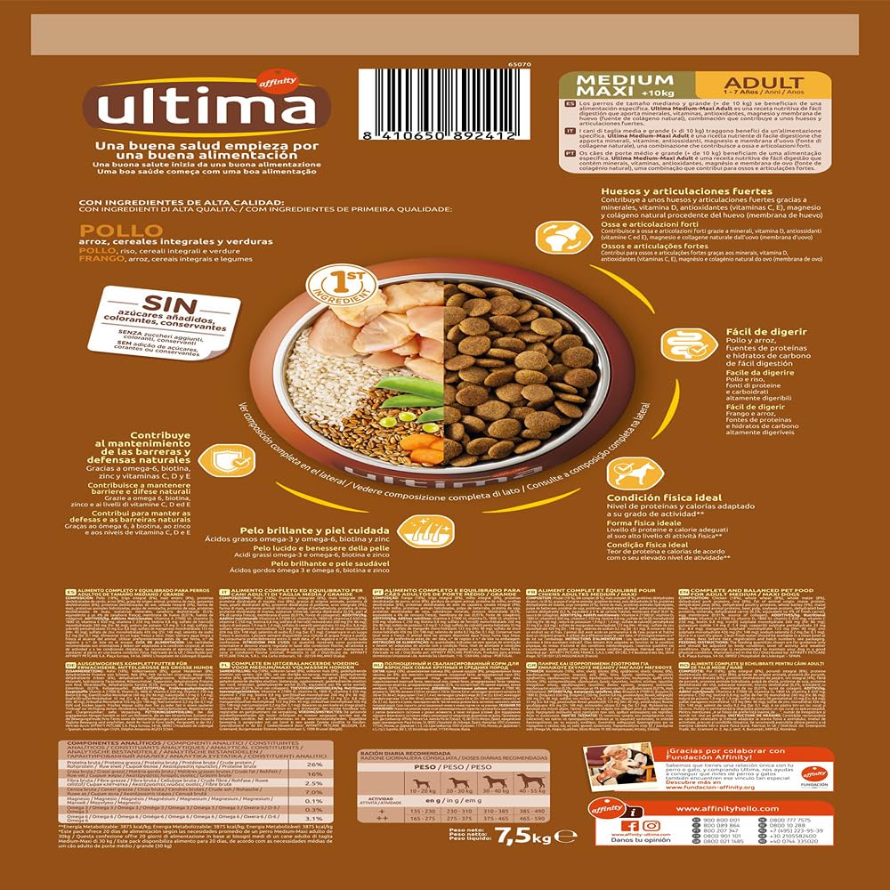 Ultima Medium-Maxi Adult Pollo, Comida seca para perros, 7,5kg