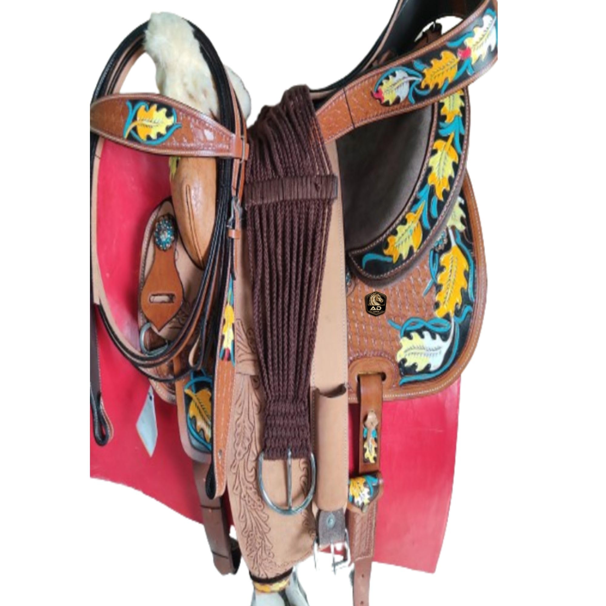 AD Saddlery Western Barrel Racing Horse Saddles Handmade Premium Leather Comfort for Horses Trail Equestrian Tooled Carved Horse Saddle for Riding Size: 10"-18" inches Seat MO89