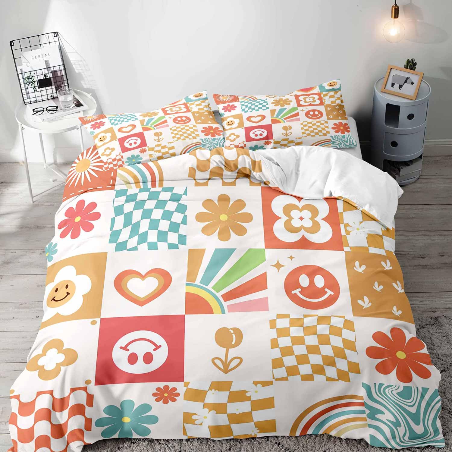 LUVIVIHOME 2PCS Retro Groovy Floral Duvet Cover Twin Bedding Sets Teen Girls Bedding Funky 70s Boho Aesthetic Cute Smiley Face Rainbow Swirl Flower
