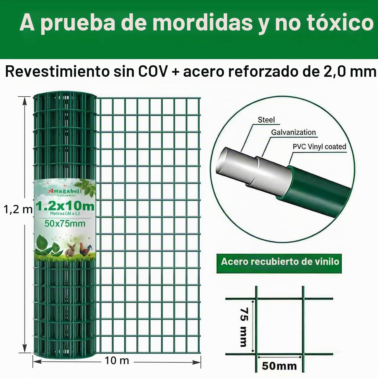 Amagabeli 1,14Mx10 M Malla Metalica Electrosoldada Galvanizada y PVC, Valla Metálica de Jardín, Malla 50x75 cm, Rollo de 2.0 mm para Protección y Cercado Residencial, Verde RAL6005