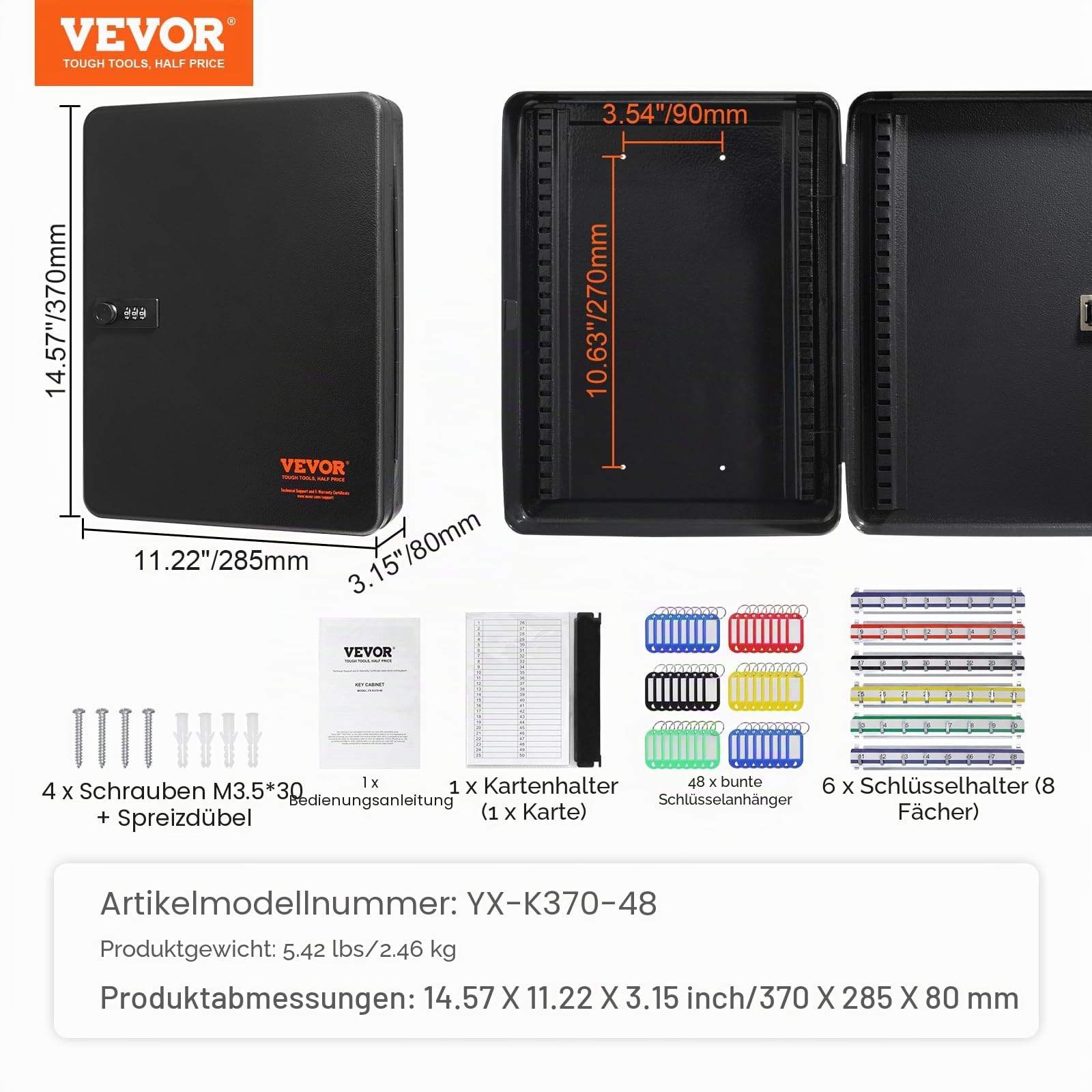 VEVOR Schlüsselschrank Schlüsselkasten 48 Schlüssel, Schwarz Schlüsselbox Schlüsseltresor Einstellbar, Abschließbarer Schlüsselschrank mit 6 x Schlüsselhaltern, 2 x Schlüsseln & 1 x Karteikarte